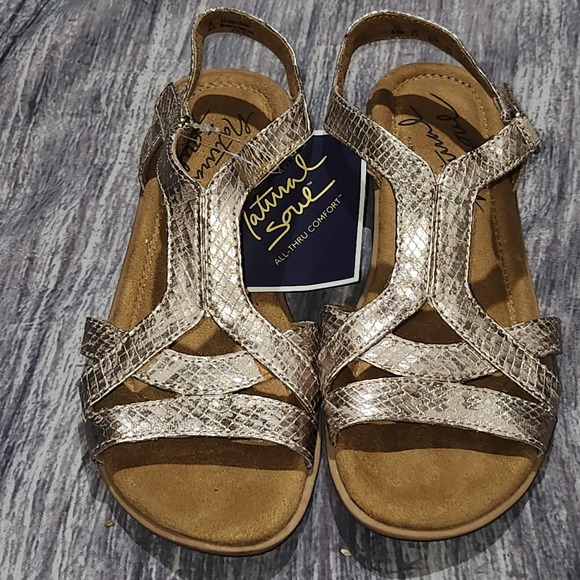 Natural Soul Sandals Size 5.5M Gold Snake Print Strappy Comfort‎ Wedge Shoes - Picture 1 of 13